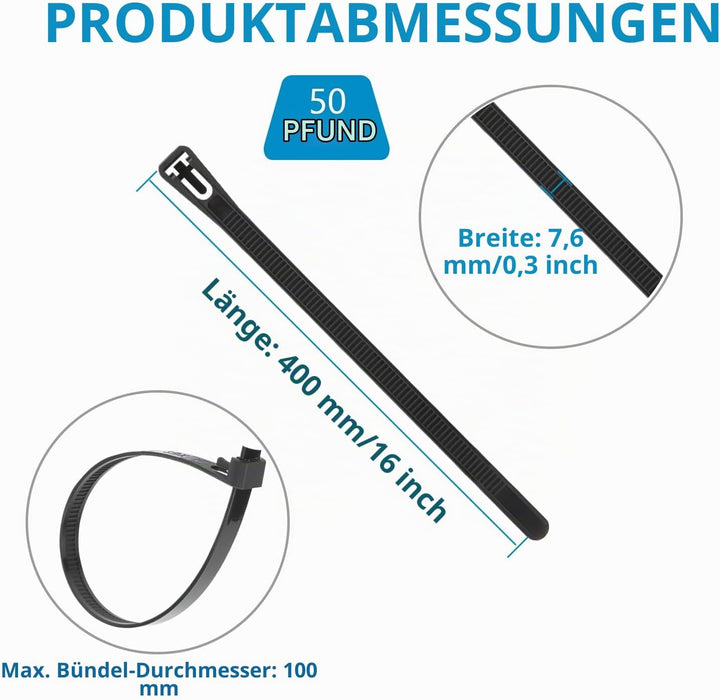 Armpow 100 Stück 7.6mm x 400mm Kabelbinder wiederverwendbar UV-Beständig Starkes Nylon Wiederlösbar