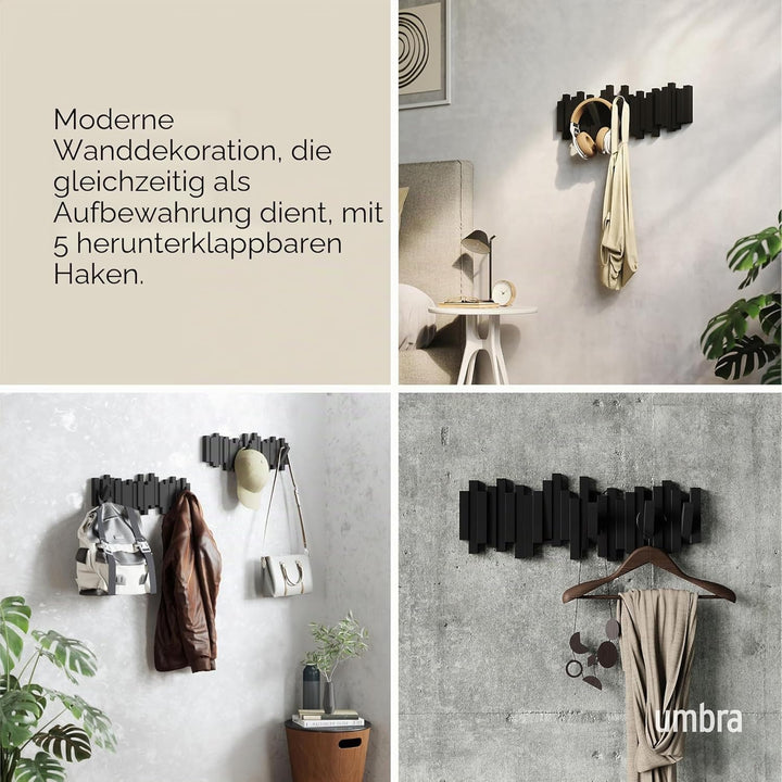 Umbra Stäbchen Garderobenhaken – Moderne und Platzsparende Garderobenleiste mit 5 Beweglichen Haken