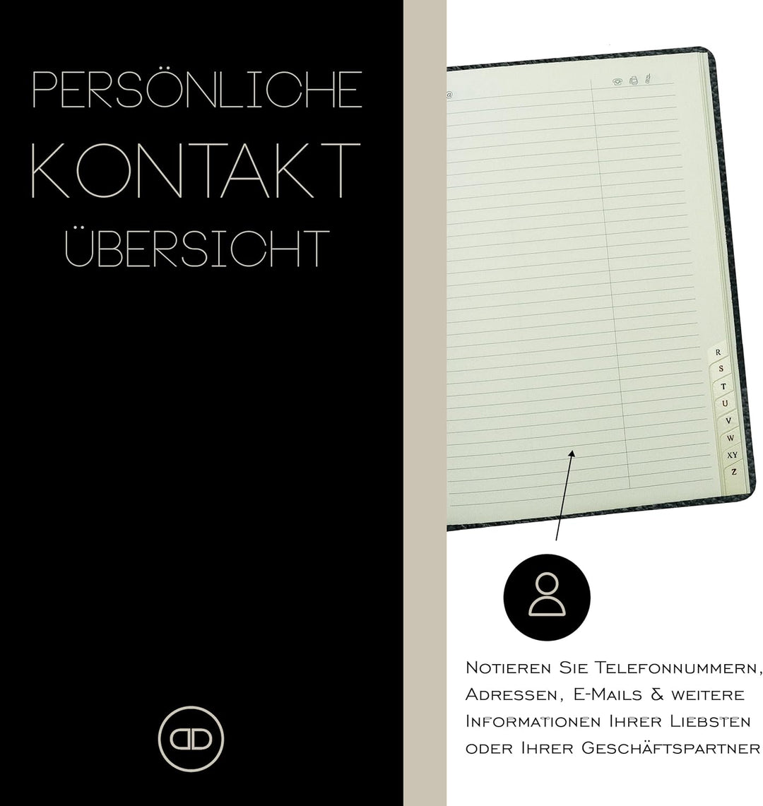 DELMON VARONE - Personalisierbares Adressbuch DIN A5 gebunden mit A-Z Register Softgrain Leder schwa