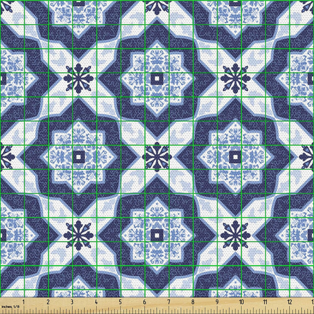 ABAKUHAUS Blau Gewebe als Meterware, Portugiesisches Azulejo-Mosaik, Dicht Gewebter Stoff zum Nähen