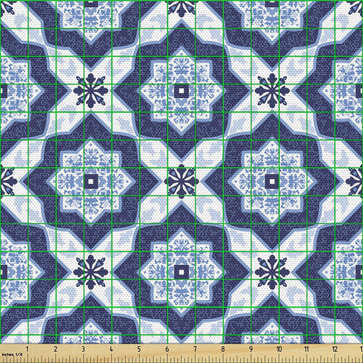 ABAKUHAUS Blau Gewebe als Meterware, Portugiesisches Azulejo-Mosaik, Dicht Gewebter Stoff zum Nähen
