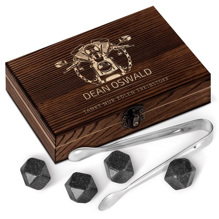 Maverton Whisky Steine Set - in Holzbox - personalisiert - 6 Eiswürfel + Zange + Velourbeutel - Kühl