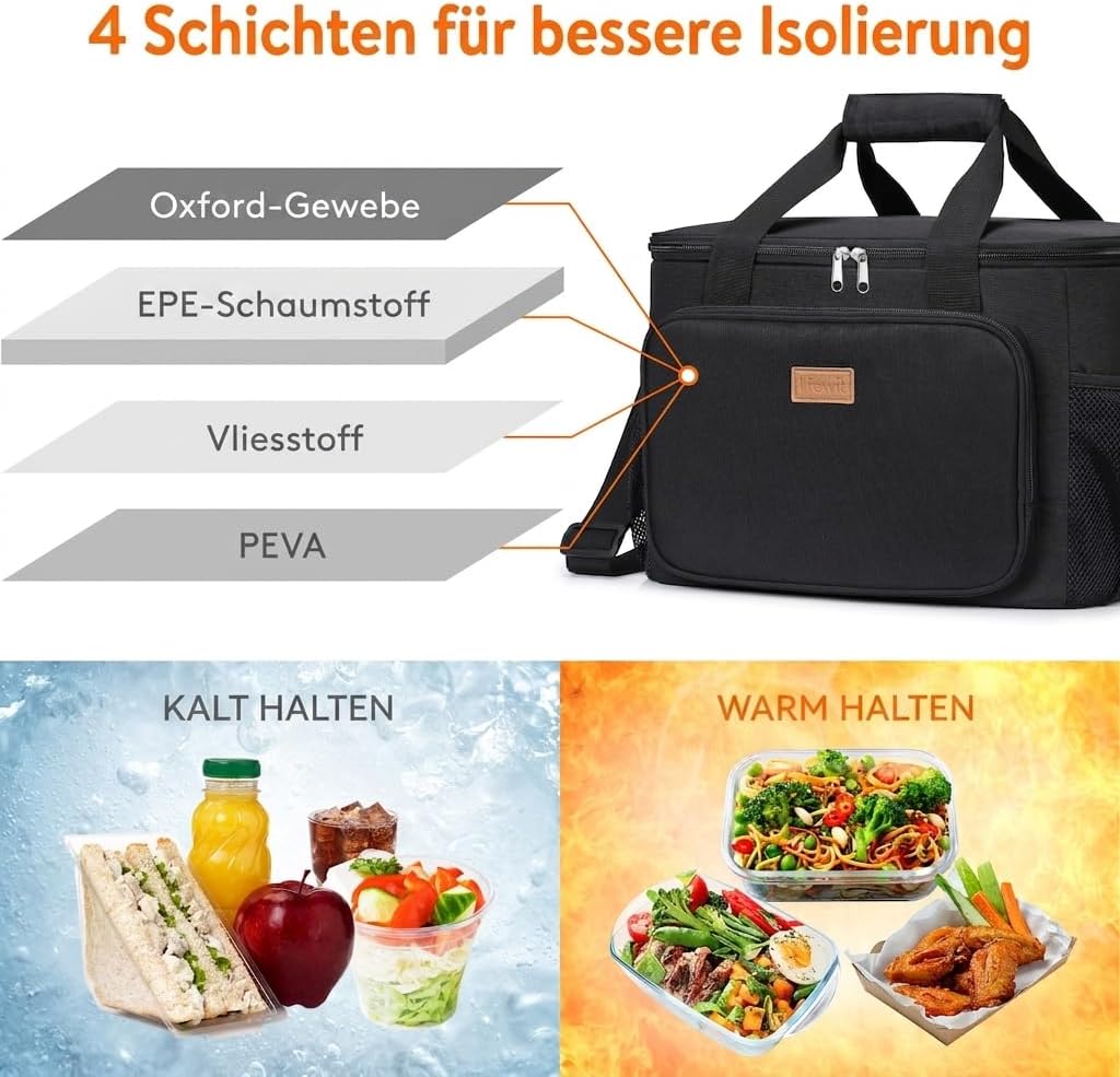 Lifewit Kühltasche klein, Isolierte Cooler Bag, Lunchtasche 32L 48 Dosen Schwarz 32L, Schwarz 32L