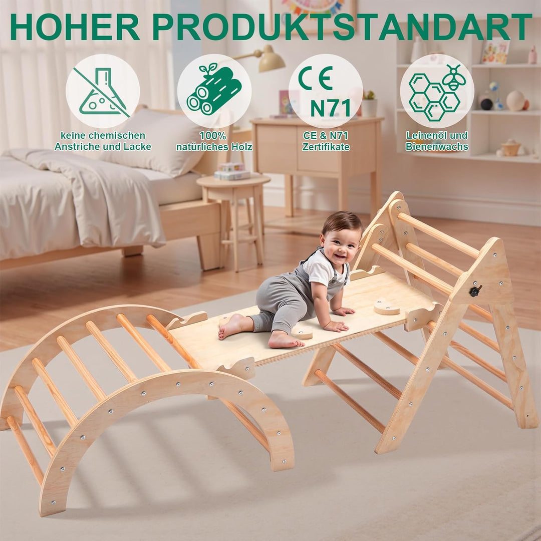RUIE Klettergerüst Indoor 7-in-1 Kletterdreieck mit Rutsche, Hölzernes Kletterdreieck Set für klette