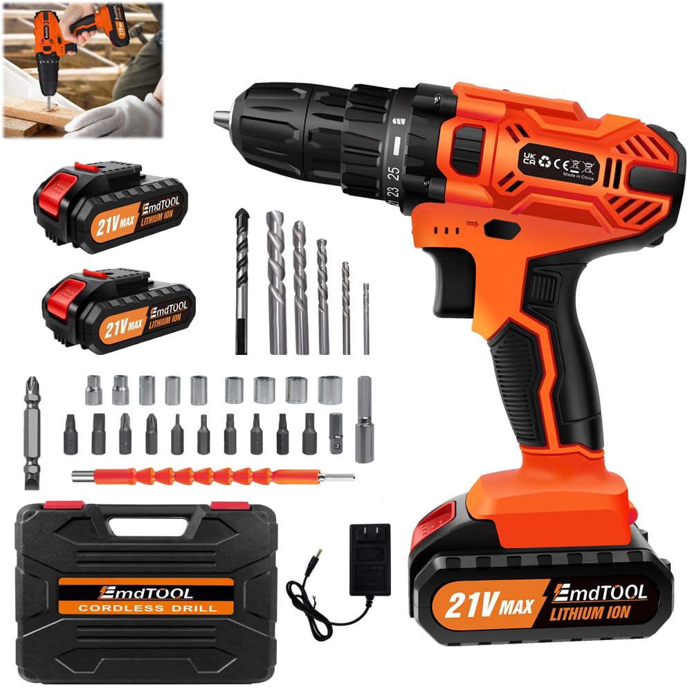 Akku-Bohrmaschine 21V Akkuschrauber Set mit 1.5 Ah Akku, Akku Bohrschrauber Set 25+1 Drehmomentstufe
