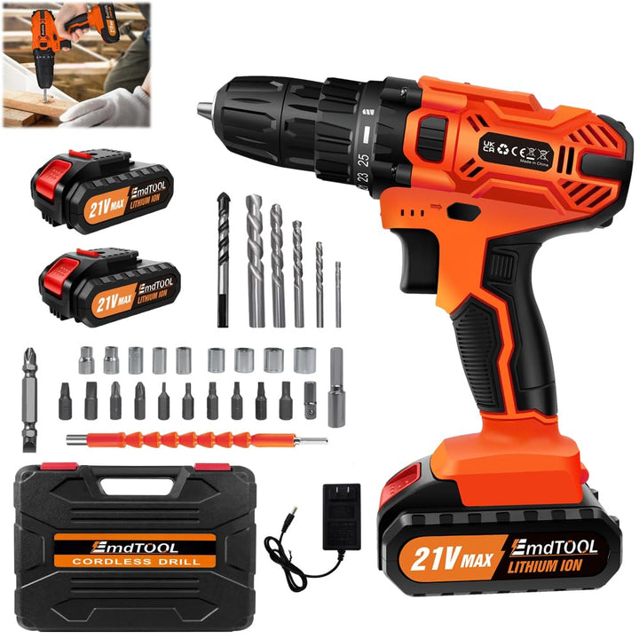 Akku-Bohrmaschine 21V Akkuschrauber Set mit 1.5 Ah Akku, Akku Bohrschrauber Set 25+1 Drehmomentstufe