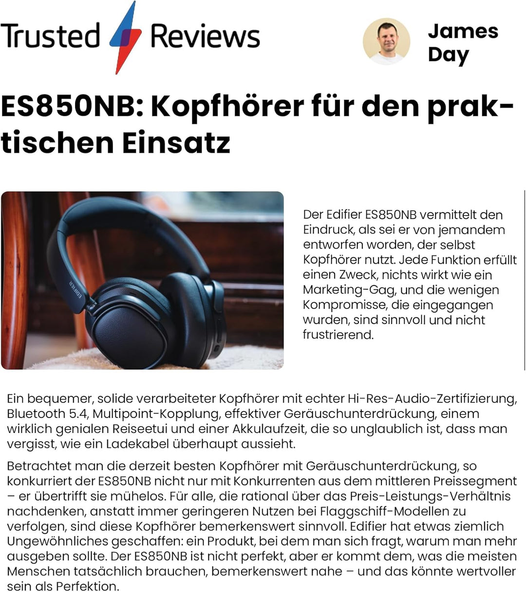 Edifier ES850NB Kabellose Over-Ear-Kopfhörer mit Geräuschunterdrückung, Hi-Res Audio Wireless, LDAC,