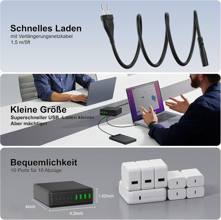 400W USB C Ladegerät Mehrfach, GaN V 10 Ports USB Ladegerät Mehrfach, 400W 10-Port Schnellladegerät
