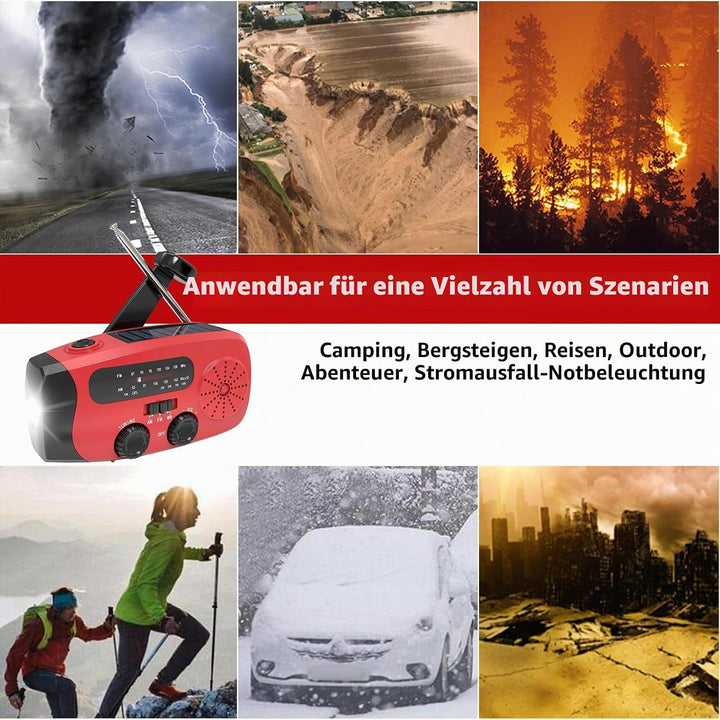 Notfall-Solarradio, Selbstbetriebenes Kurbelradio mit LED Taschenlampe, SOS-Alarm, AM/FM/WB, 2000mAh