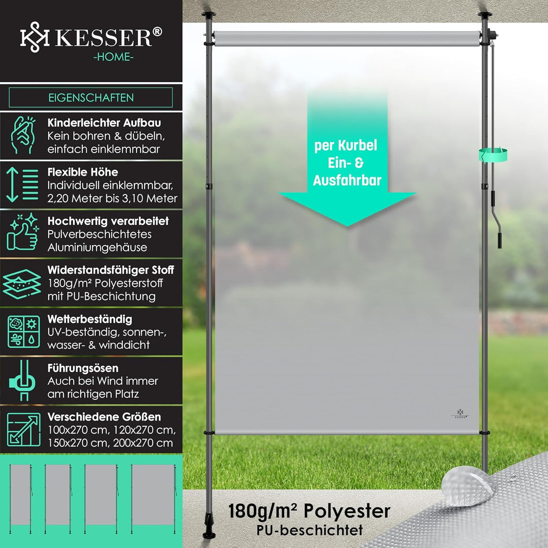 KESSER® Klemmmarkise 150x310 cm, Garten Balkon Sichtschutz wetterfest, Wind- & Sonnenschutz, Senkrec