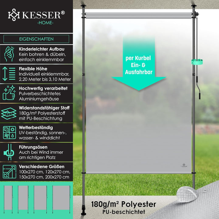 KESSER® Klemmmarkise 150x310 cm, Garten Balkon Sichtschutz wetterfest, Wind- & Sonnenschutz, Senkrec