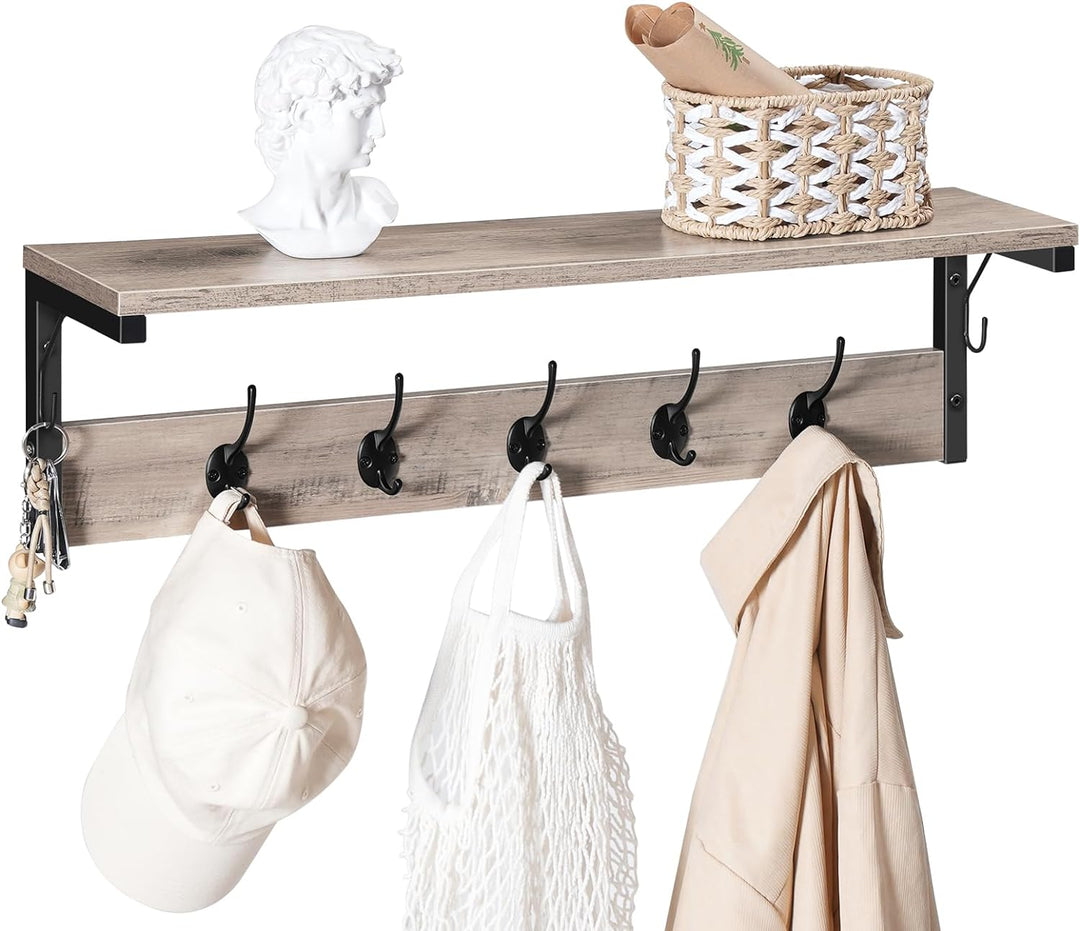 HOOBRO Wandgarderobe, Wandregal mit 7 Haken und Ablage, Hängeregal mit Garderobenleisten, Wandmontag