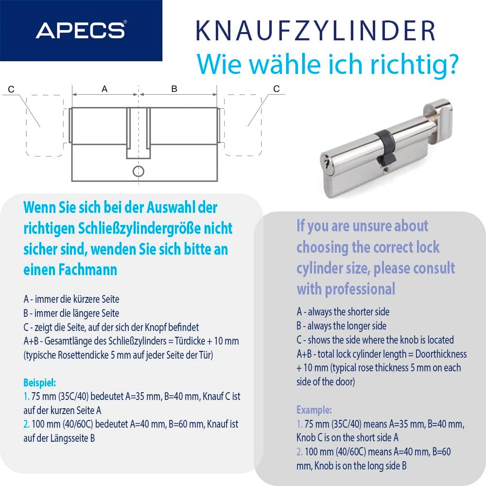 Knaufzylinder APECS Schliesszylinder mit Knauf Zylinderschloss 30/35 mm fur Türschloss Haustür mit 5