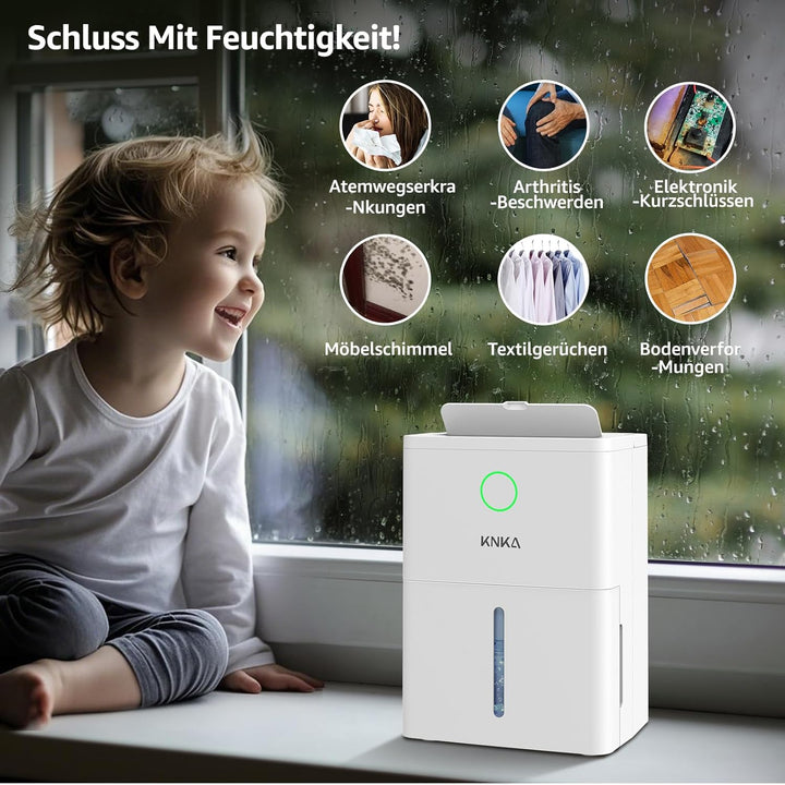 KNKA Luftentfeuchter, 9L/T, Leiser Luftentfeuchter Elektrisch, Raumentfeuchter mit Ablaufschlauch, A
