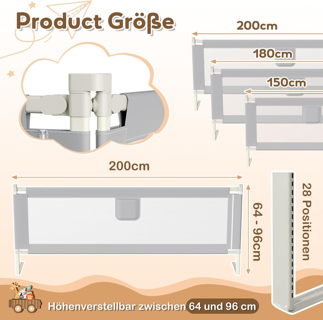 Bettgitter Rausfallschutz 2X 200cm+1X 150cm, Kinderbettgitter Höhenverstellbar 64-96cm, Bettschutzgi