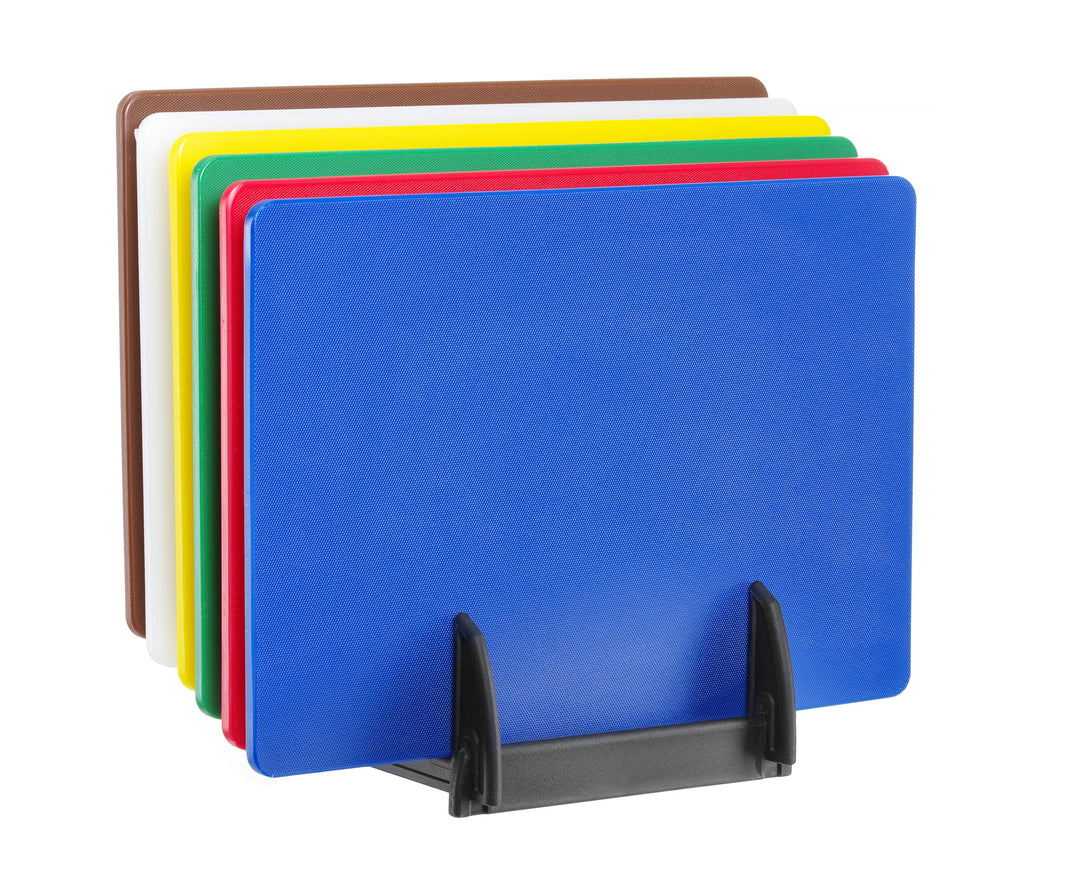 HENDI Satz mit 6 Schneidebrettern, HACCP, mit Halterung, Farbcodierung, beidseitig nutzbar, glatt, m