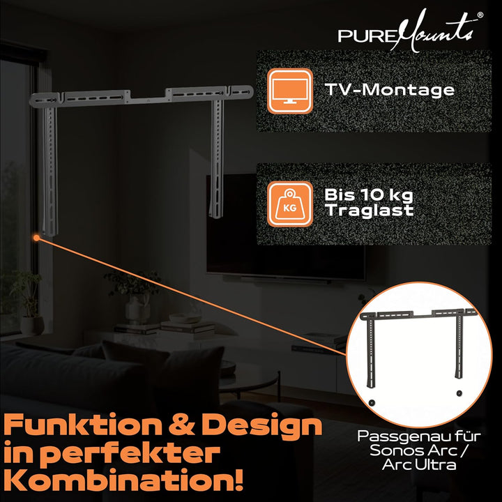 PureMounts Lautsprecher-Halterung zur direkten Montage am TV, kompatibel mit Sonos Arc, Traglast: 10