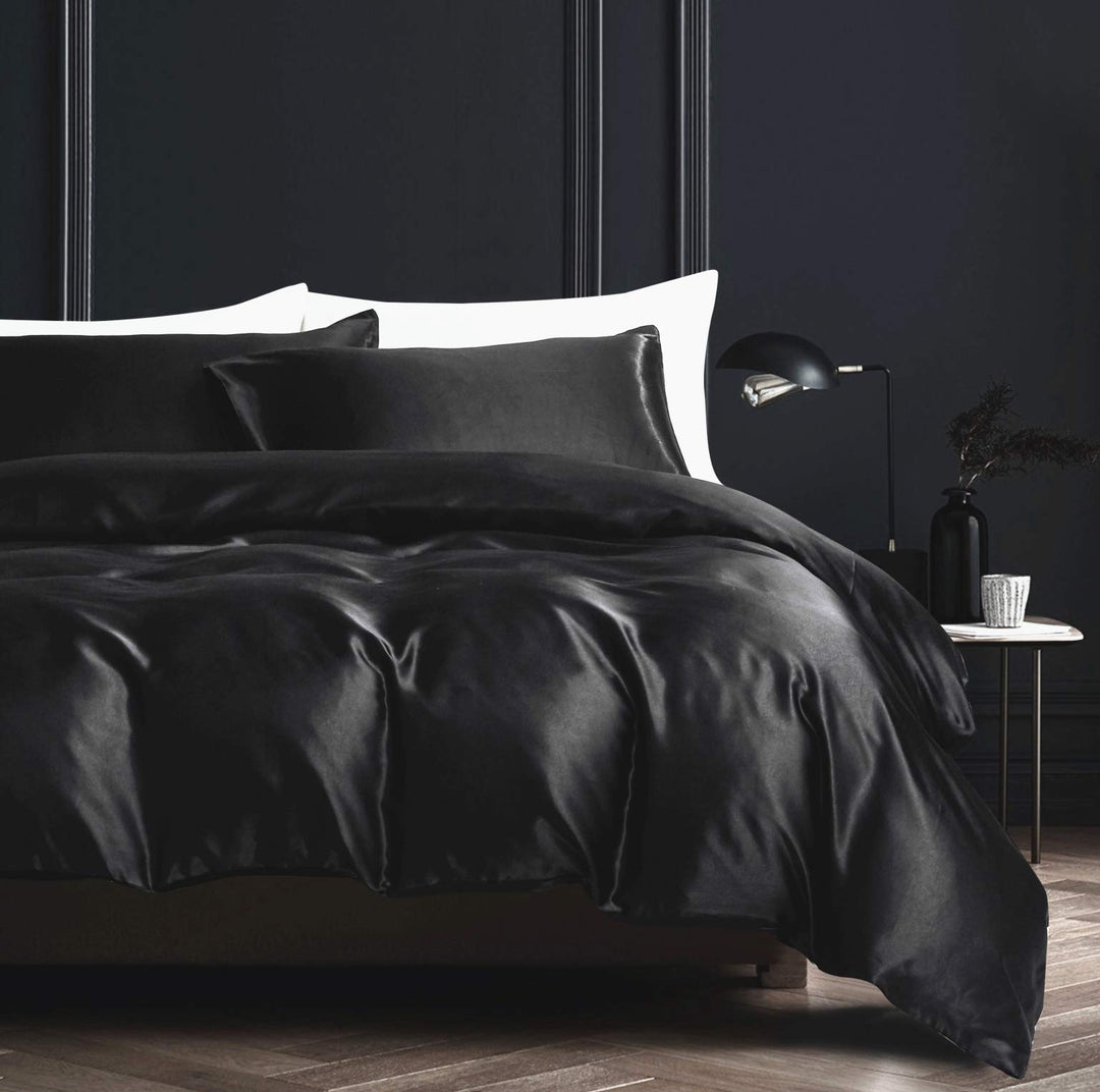 Damier Bettwäsche 155x220cm Schwarz Satin Bettwäsche Set 2 Teilig Hochwertiges Satin Uni Einfarbig D
