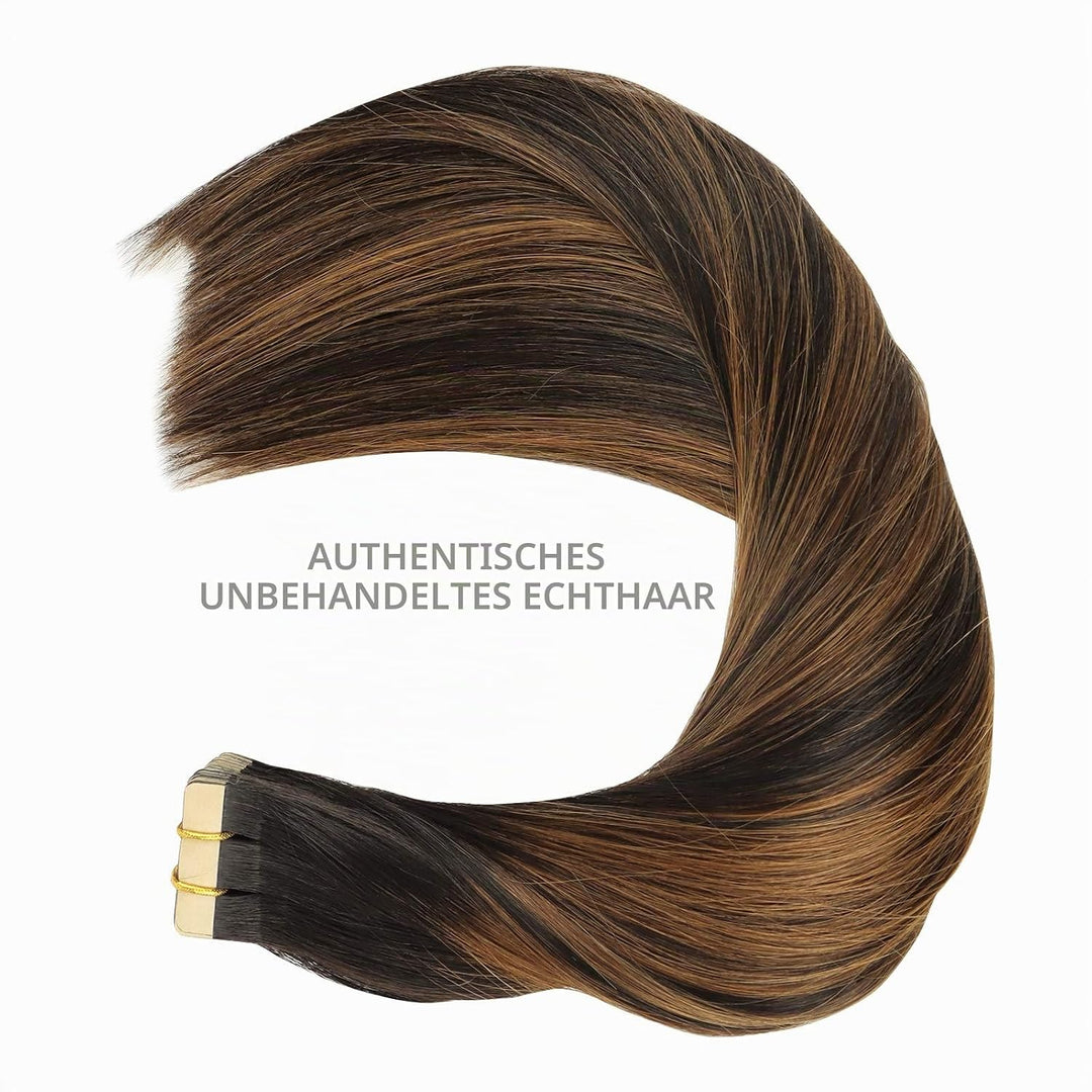 WENNALIFE Tape Extensions Echthaar, 20pcs 50g 60cm 24 Zoll Balayage Natürliches Schwarz bis Chestnut