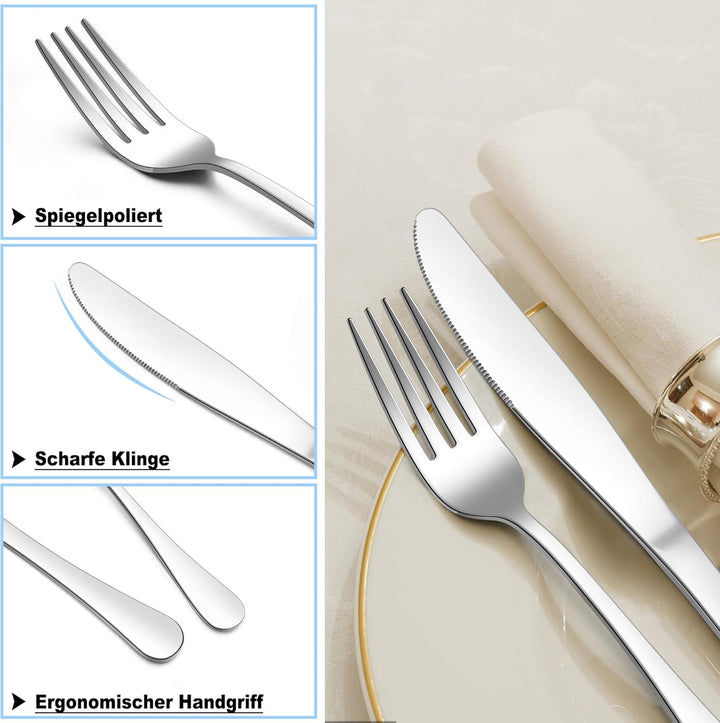 Herogo Steakbesteck Set, 24-teilig Edelstahl Tafelmesser und Tafelgabeln für 12 Personen, Silber Piz
