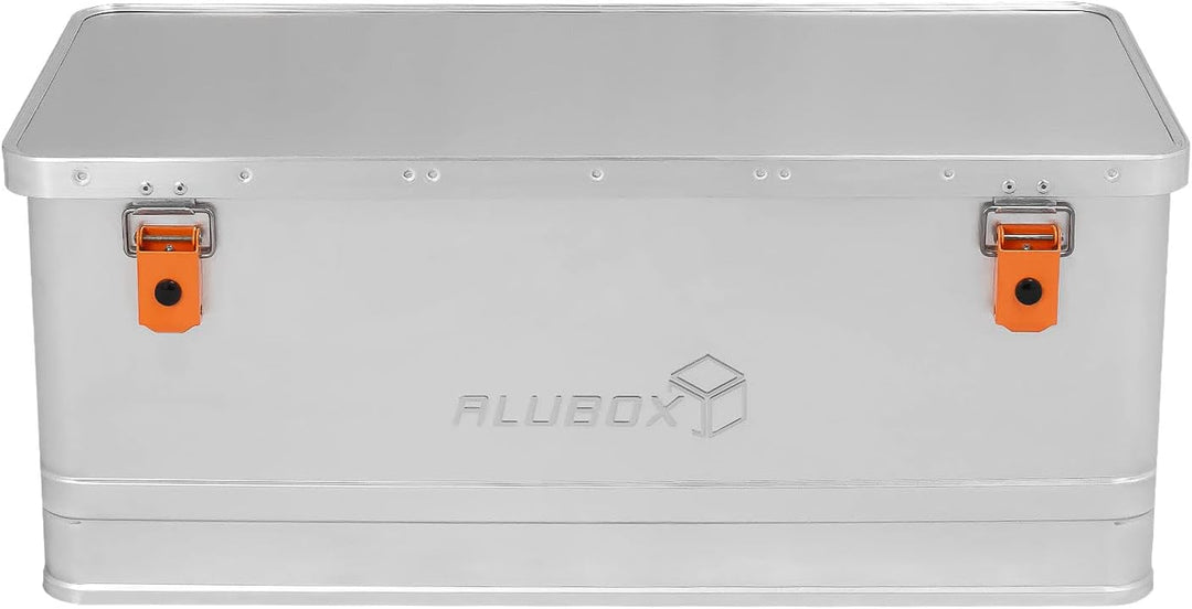 Alubox Werkzeugtruhe EASY 81 Liter Werkzeugkiste silber Alu glänzend - orange Schnallen - Aussenmass