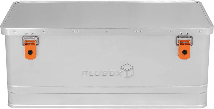 Alubox Werkzeugtruhe EASY 81 Liter Werkzeugkiste silber Alu glänzend - orange Schnallen - Aussenmass