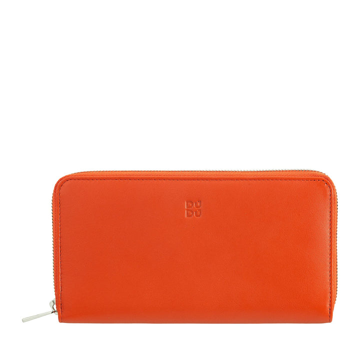 DUDU Grosse Bunte Damenbrieftasche RFID in echtem Leder mit Rundum - Reissverschluss Orange, Orange