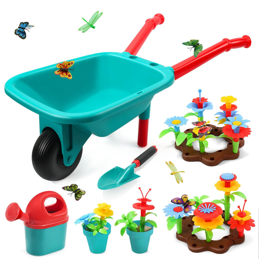 cute stone Gartenwerkzeug-Set für Kinder, Gartenspielzeug mit Schubkarre, Giesskanne, Schaufel, Blum