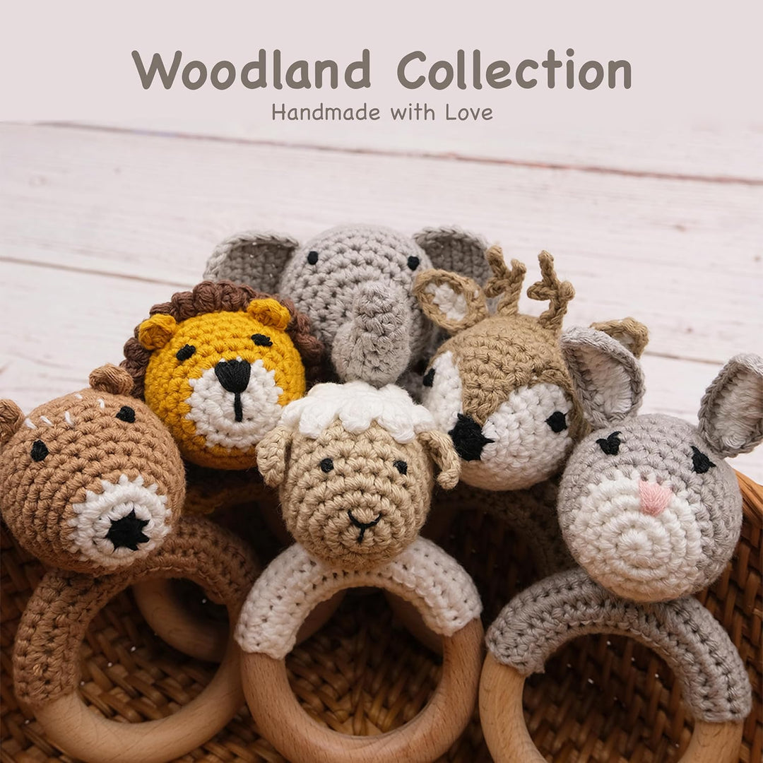 Joliecraft Waldland Holz Baby Rassel Greifling, Babyrassel Holzspielzeug Beissring für Mädchen und J