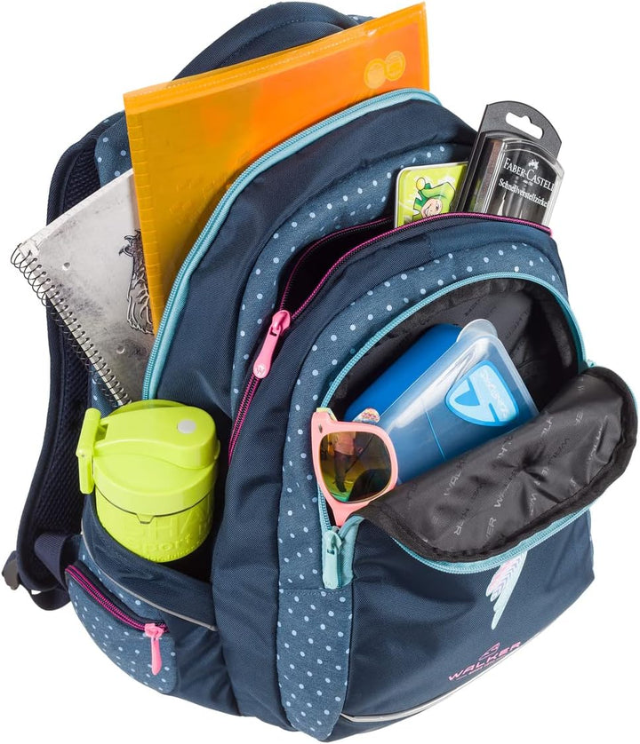 Walker 42017-064 - Schul-Rucksack Fame Magic Colibri Petrol mit 3 Fächern und Seitentaschen, Schul-T