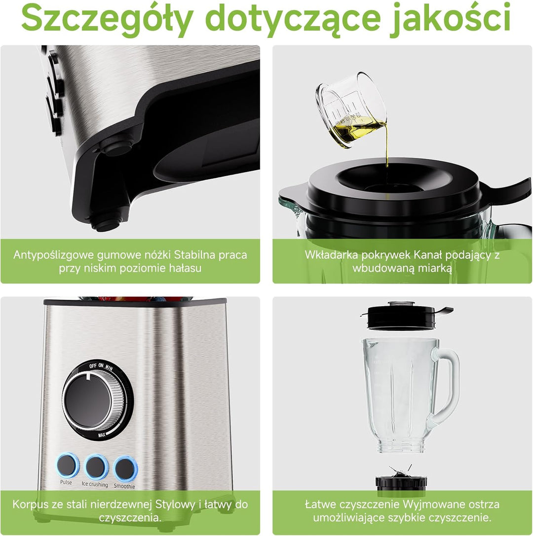 Biolomix 3-in-1-Mixer und Smoothie-Maker 1300-W-Standmixer mit 1,5-l-Glasbehälter 3 Geschwindigkeits