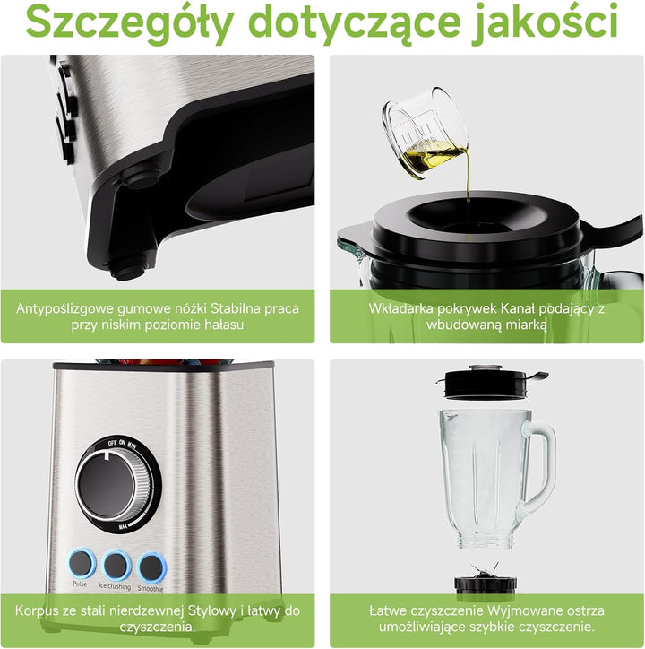 Biolomix 3-in-1-Mixer und Smoothie-Maker 1300-W-Standmixer mit 1,5-l-Glasbehälter 3 Geschwindigkeits