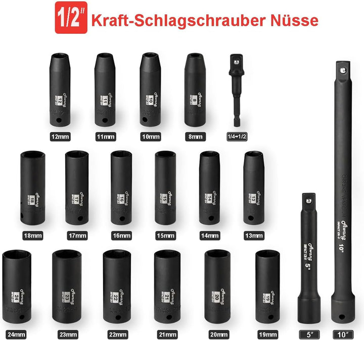 Awang Kraft Schlagschrauber-Nüsse Set 1/2" 8-24mm Schlagnuss-Satz mit 5, 10-inch Verlängerungsstange