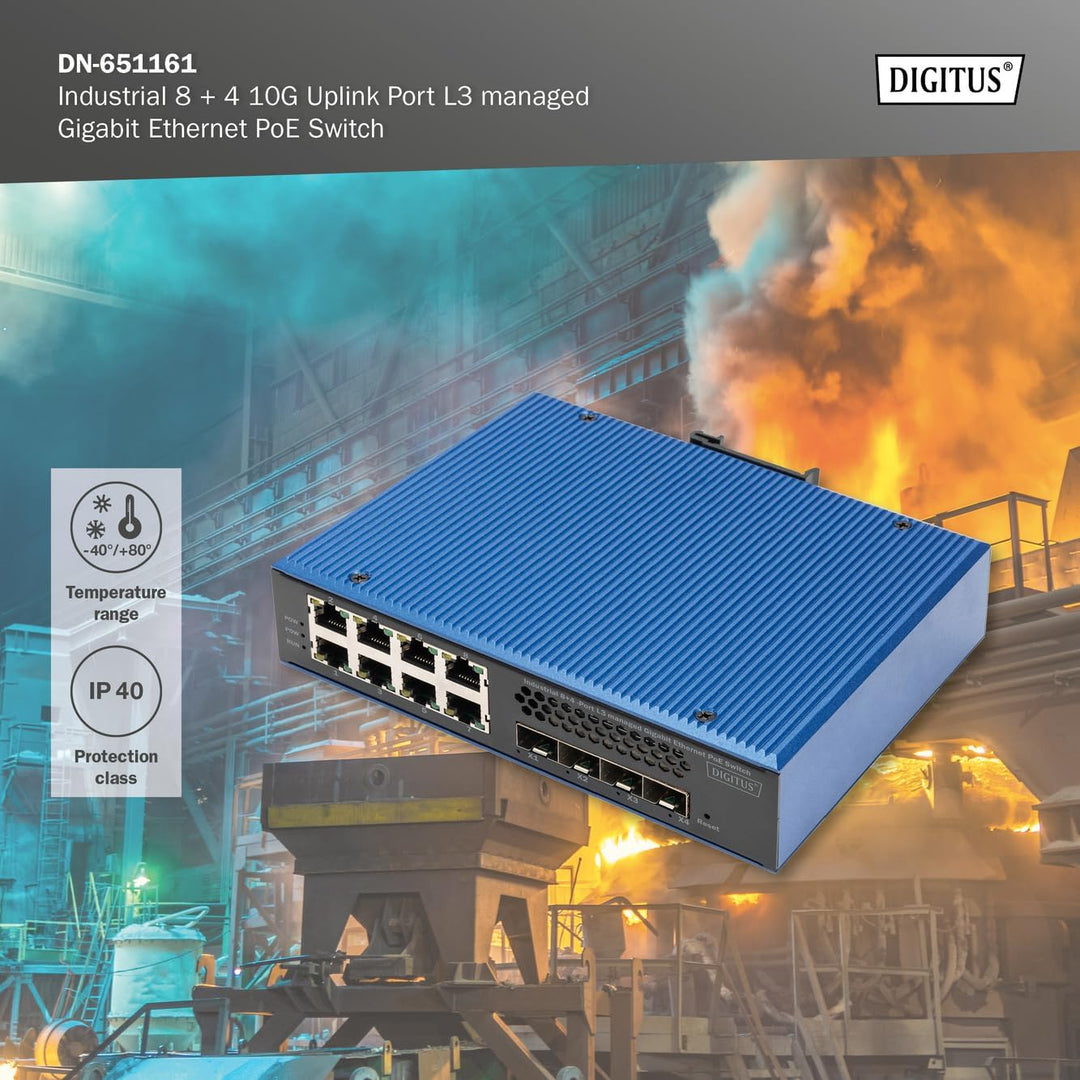 DIGITUS Industrial 8 + 4 10G Uplink Port L3 managed Gigabit Ethernet PoE Switch 8-Port + 4x Uplink S