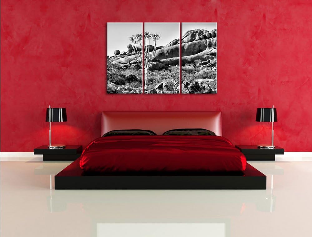 Pixxprint Monocrome, aussergewöhnlicher Baum im Steingebirge 3-Teiler Leinwandbild 120x80 Bild auf L
