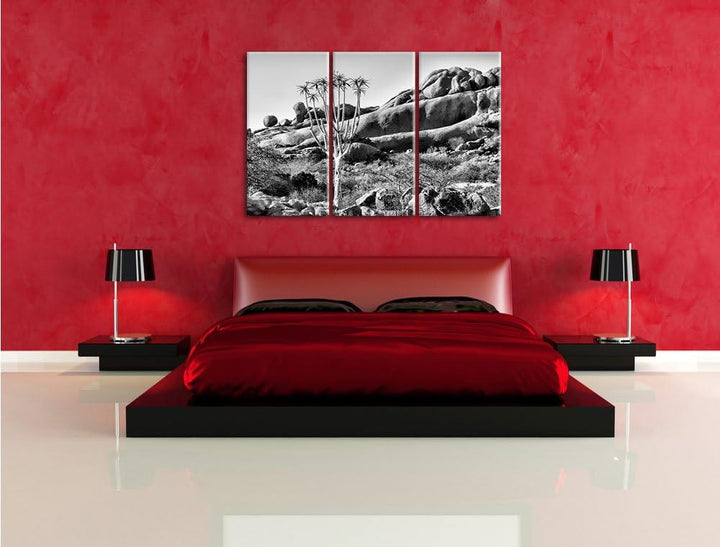Pixxprint Monocrome, aussergewöhnlicher Baum im Steingebirge 3-Teiler Leinwandbild 120x80 Bild auf L