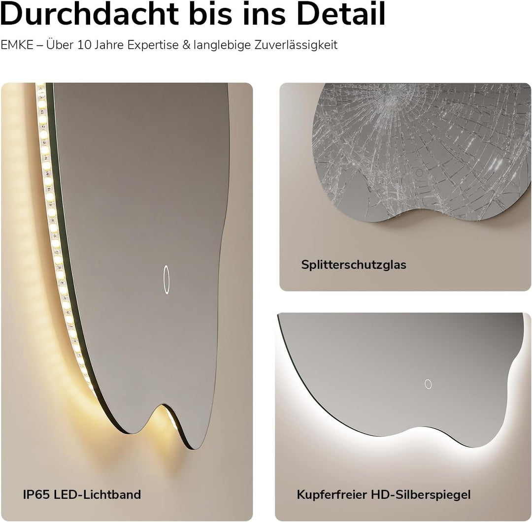 EMKE Badspiegel mit Beleuchtung 50 x 45 cm Asymmetrischer Spiegel mit Beschlagfrei, 3 Lichtfarben Di
