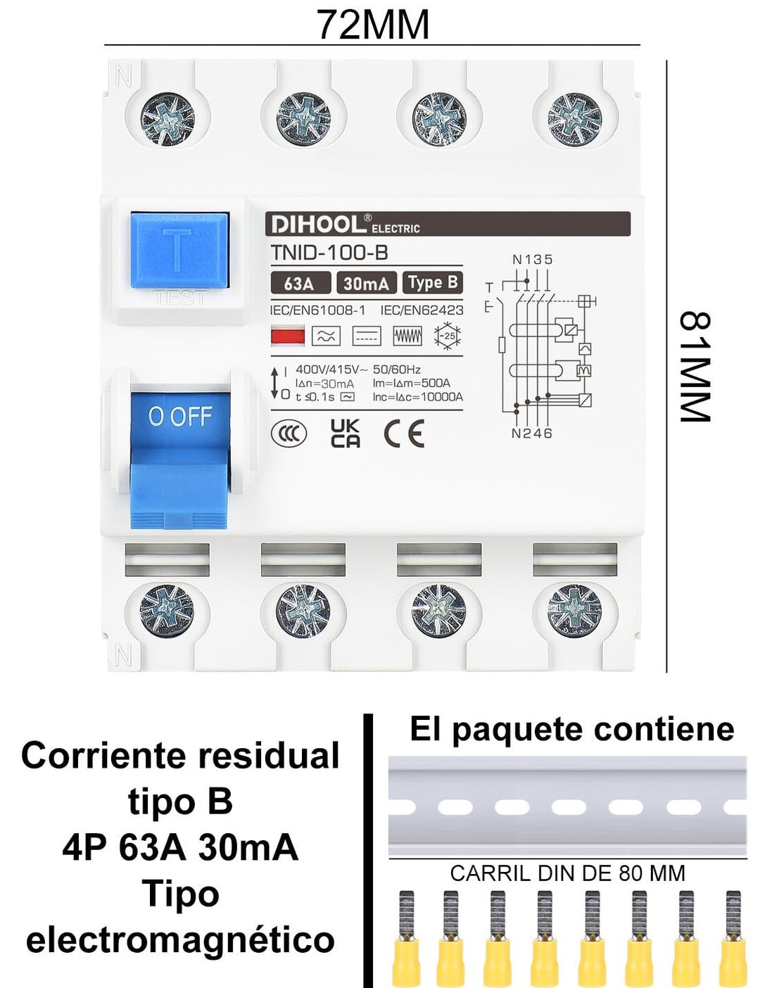 DIHOOL RCD allstromsensitiver fi Typ B 63A 30mA 4-polig schutzschalter schalter Fehlerstromschutzsch