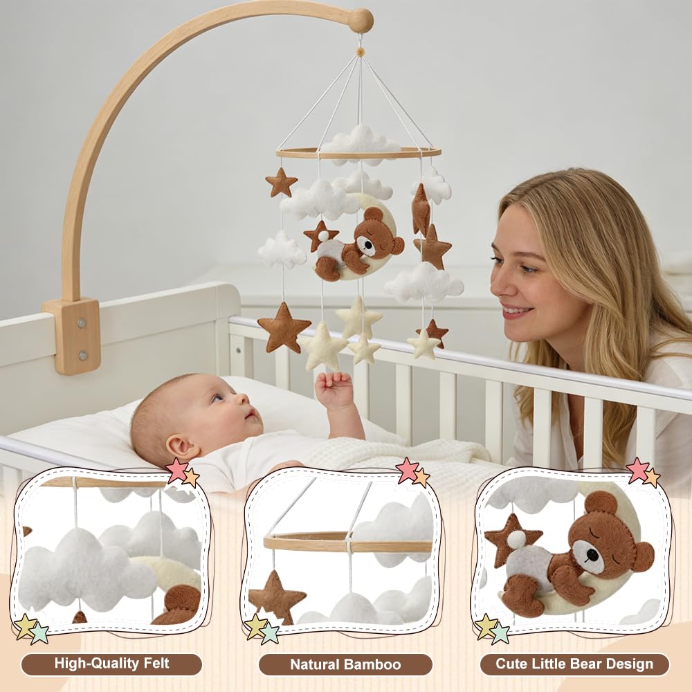 Baby Mobile, Bär Mobile Babybett Filz, Mobile Kinderbett Bettglocke Windspiele, Weisse Wolken und St