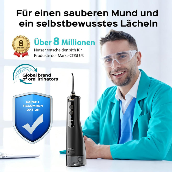 Munddusche Kabellos Tragbar Elektrische Zahnreiniger: COSLUS 10 Stufen Sanfte Steuerung &amp; 300ML Wass