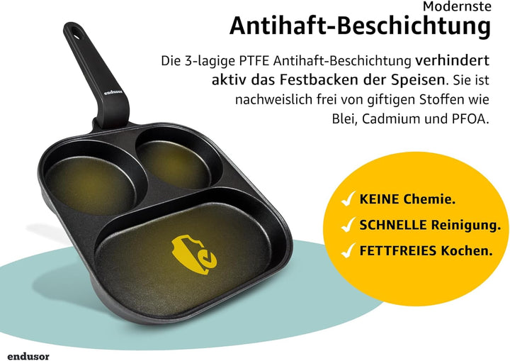 endusor Spiegeleipfanne mit Deckel (21cm) - Frühstückspfanne dreigeteilt mit Antihaft-Beschichtung f