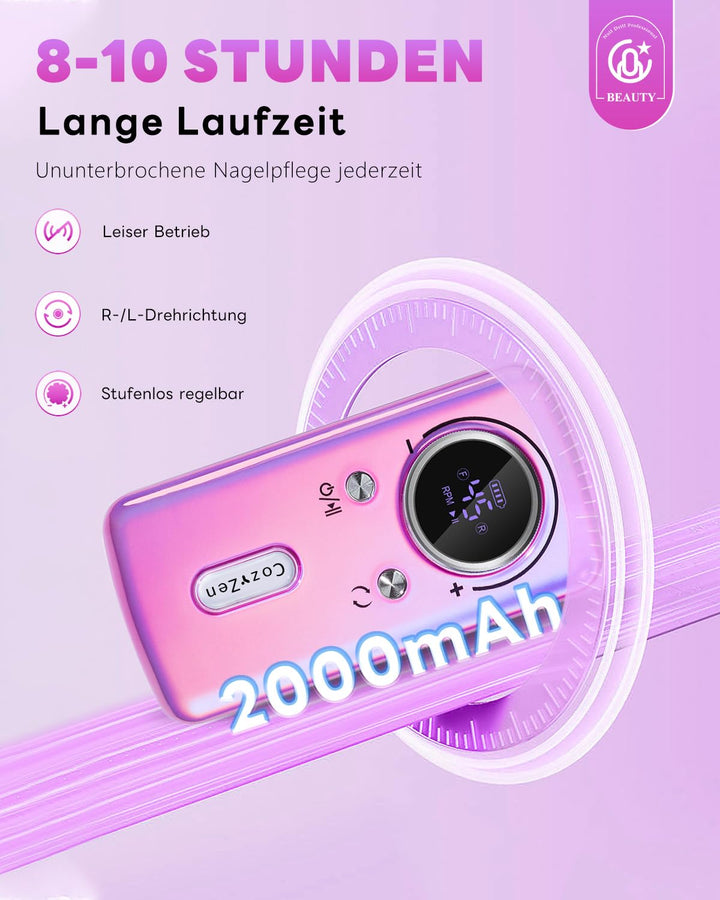 CozyZen Kabellose Nagelfeile Professionell: 45000 U/min Wiederaufladbare Elektrische Nagelfeile Set,