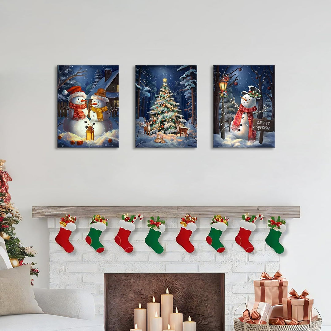 3Pcs Leinwandbilder Bilder mit Rahmen Blau Weihnachten Schnee Schauplatz bild auf leinwand Schneeman