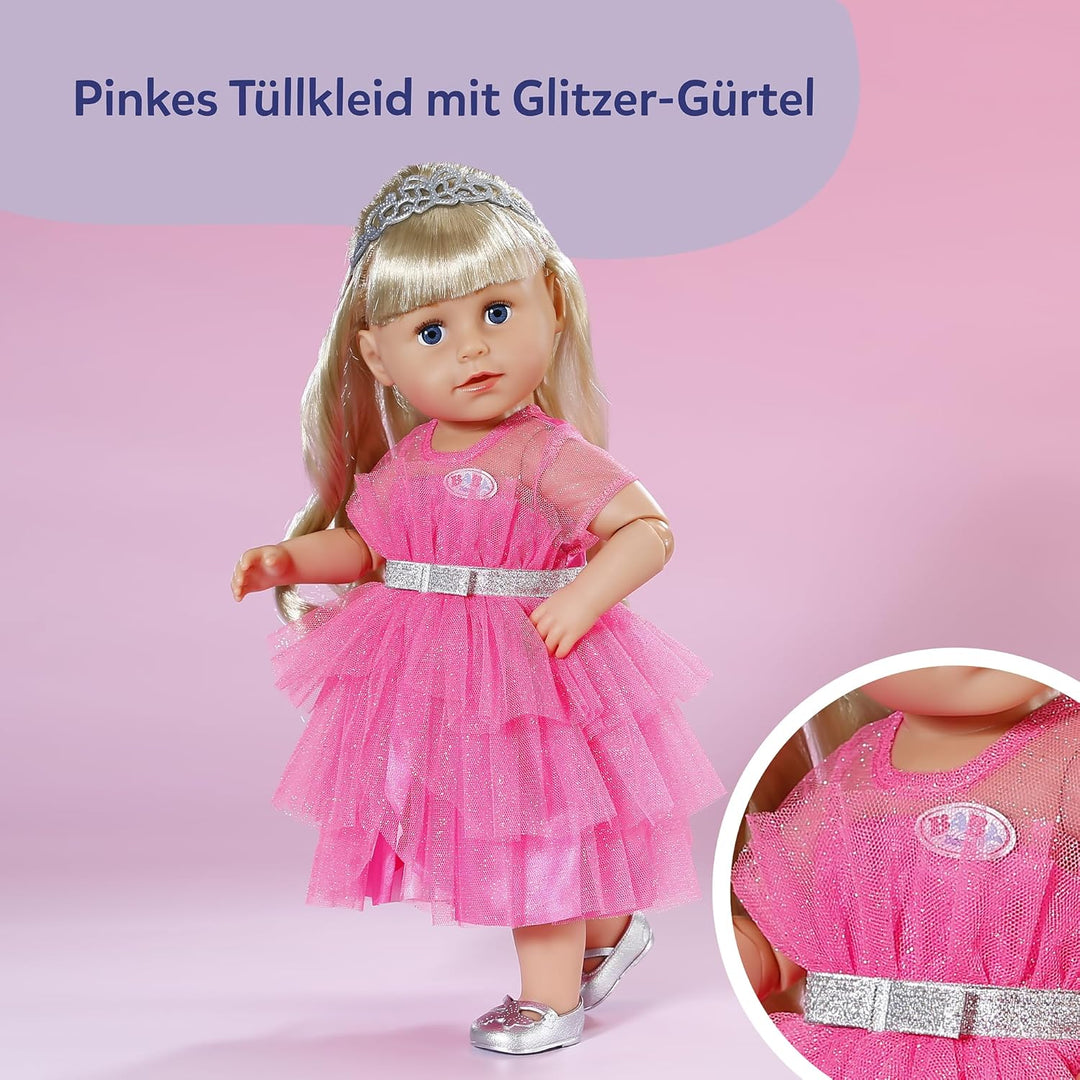 Baby Born Prinzessinnen-Outfit mit rosa Kleid, Tiara und silbernen Schuhen für 43cm Puppen