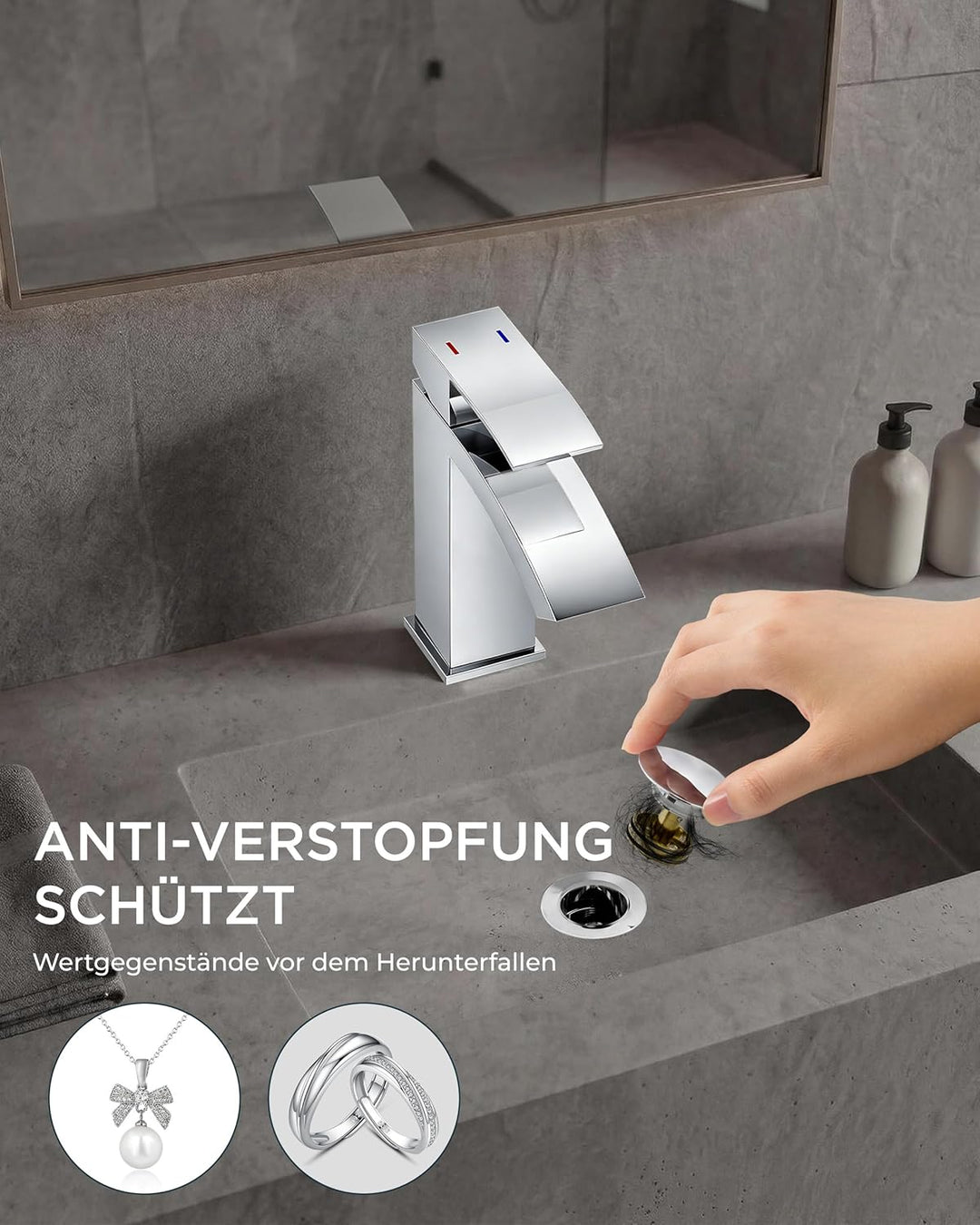 FORIOUS Wasserhahn Bad mit Ablaufgarnitur, Wasserfall Waschtischarmatur mit Auslauf Höhe 100 mm, Mis
