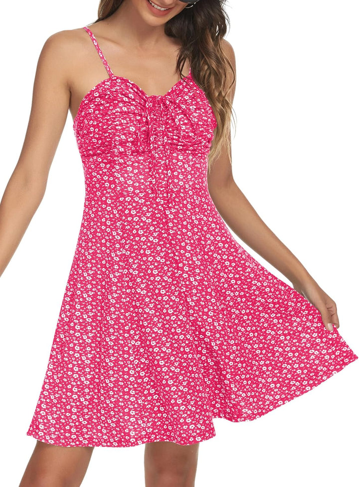 Missufe Damen Sommerkleid Swing Blumenkleid Freizeitkleid Spaghettiträger Cami Kleider XS Heisses Ro