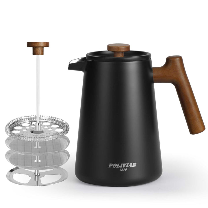 Poliviar French Press Kaffeebereiter 1 Liter/8 Tassen, Doppelwandige Isolierte Kaffeekanne und Teebe