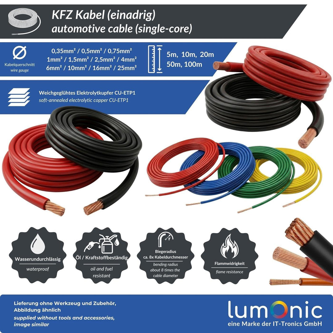 5m FLY Fahrzeugleitung Rot 16mm² rund Kabel Litze KFZ Stromkabel