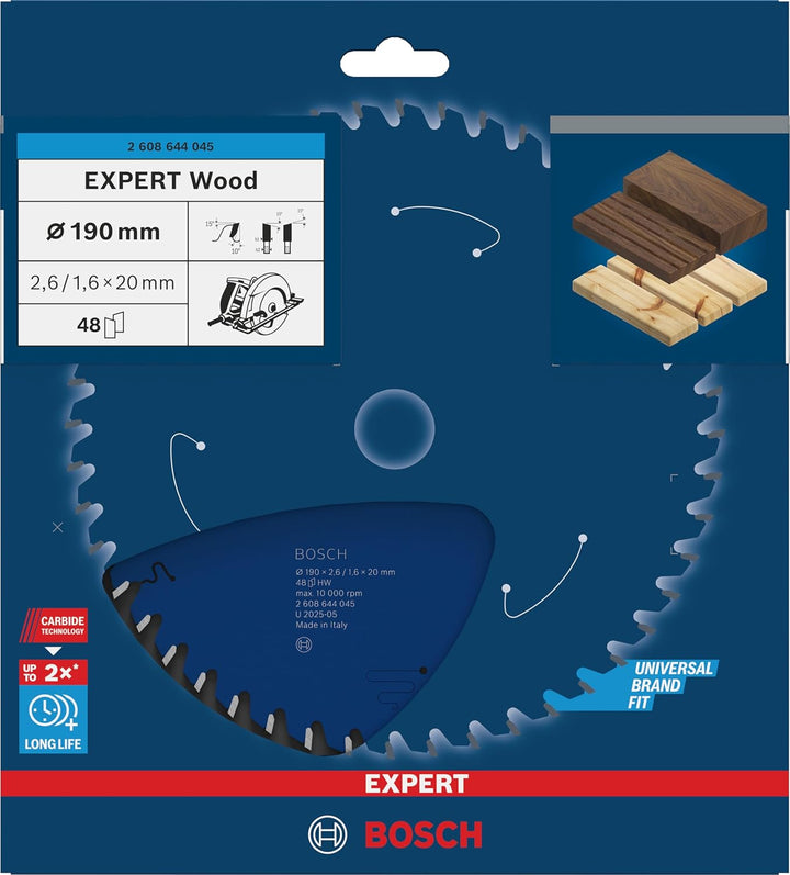 Bosch Professional 1x Kreissägeblatt Expert for Wood (Holz, Sägeblatt Ø 190 x 20 x 2,6 mm, 48 Zähne,