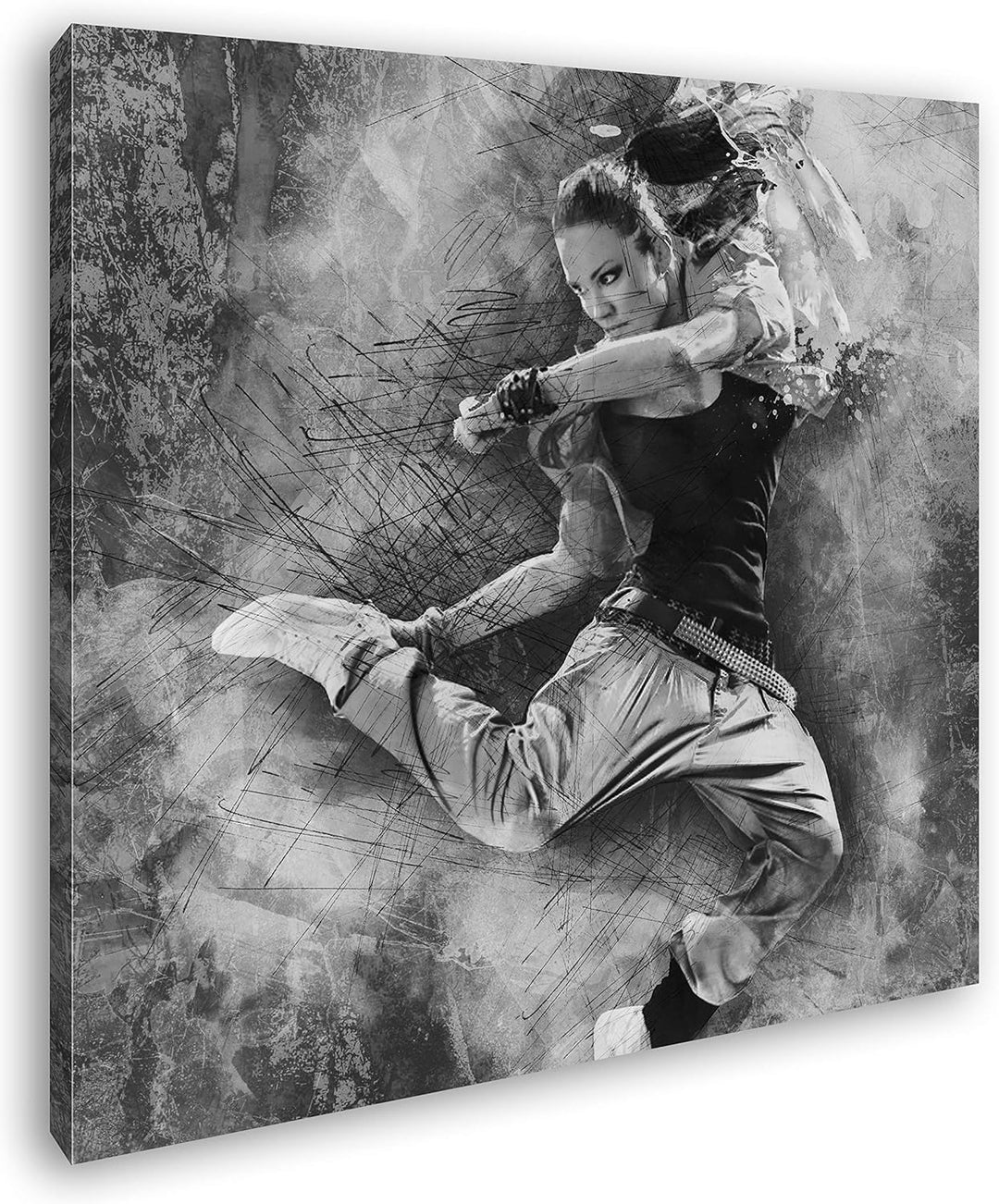 deyoli Illustration springende Frau Format: 70x70 Effekt: Schwarz&Weiss als Leinwandbild, Motiv fert